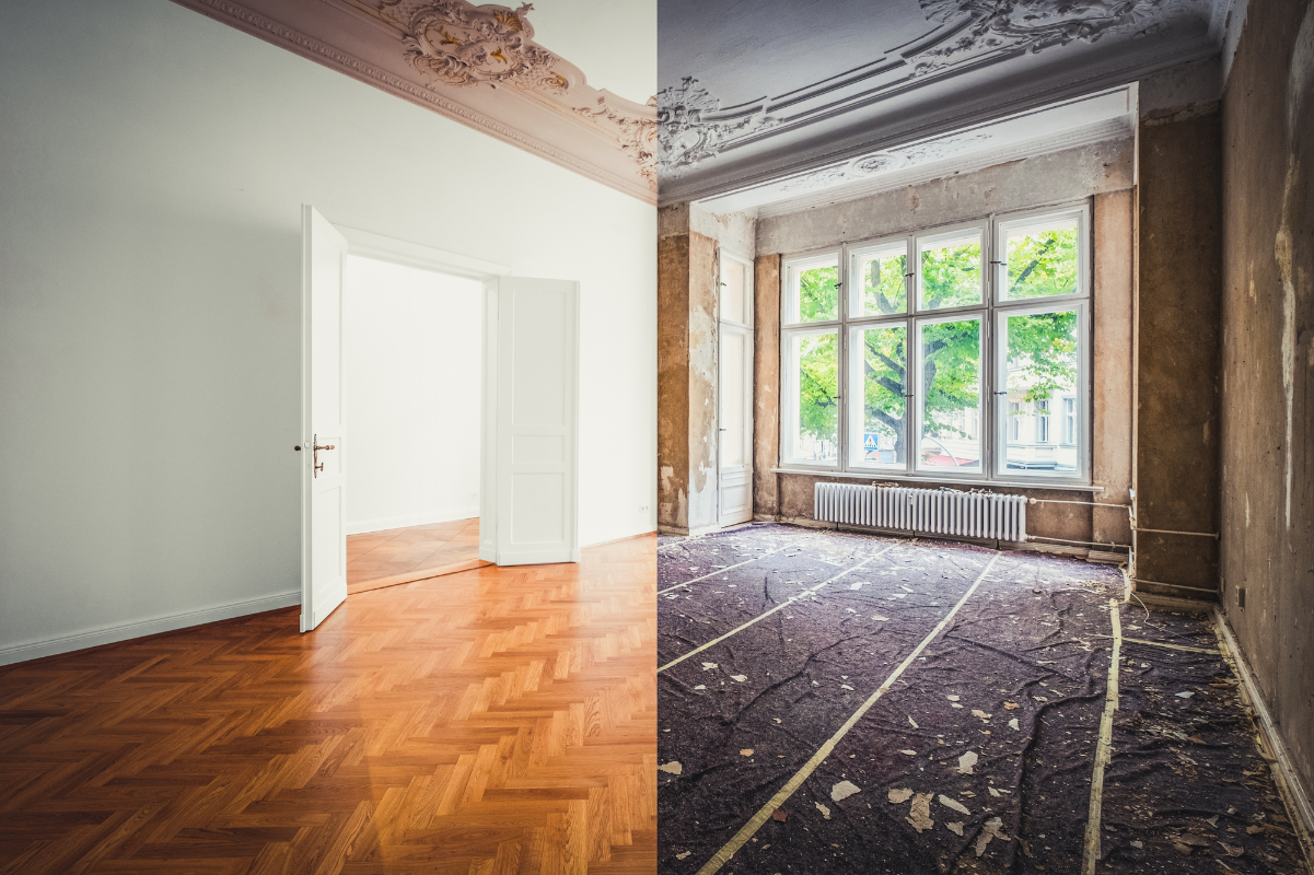 a before and after photo of a water damaged room with wood floors
