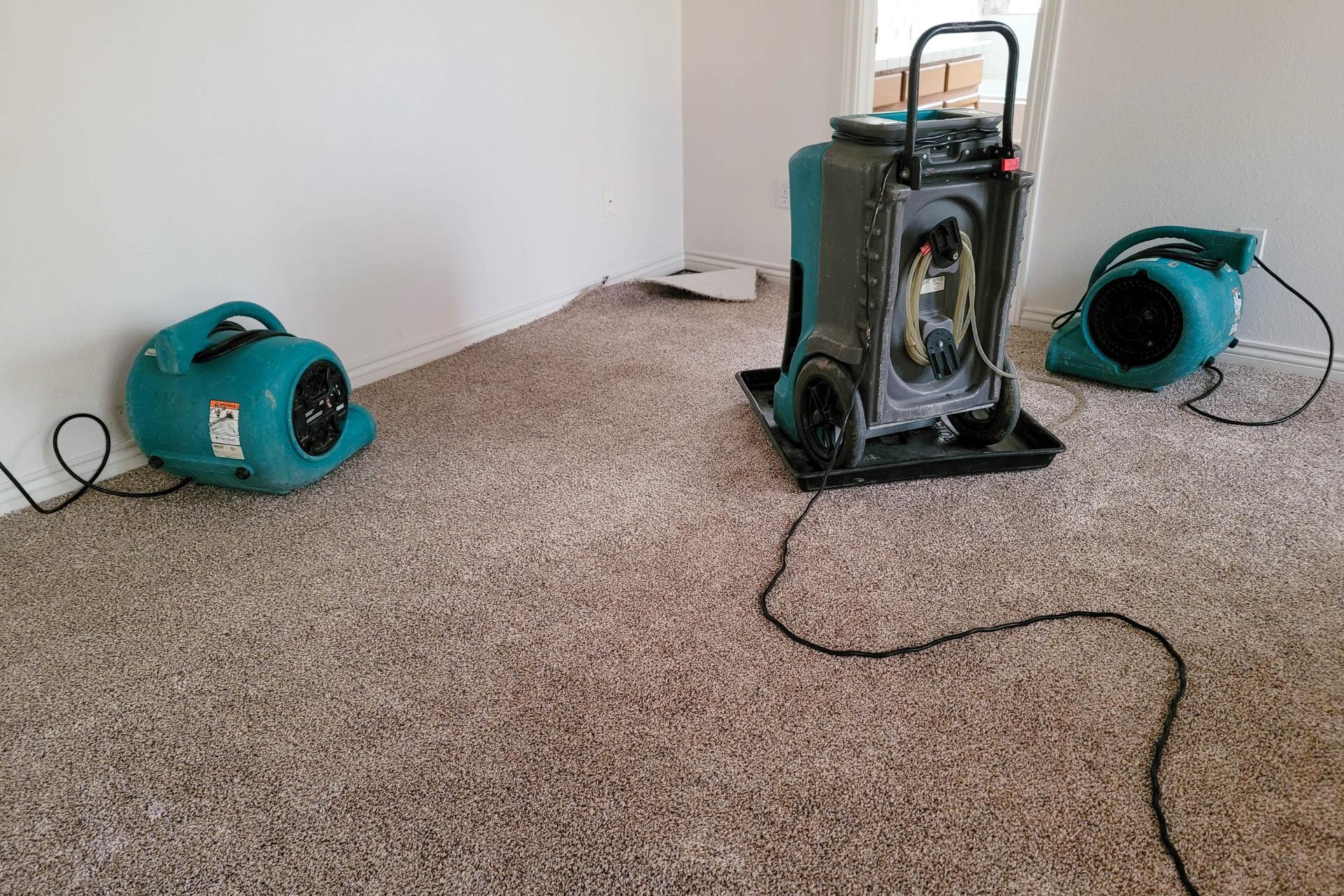 Water damaged home being dried out with air movers and a dehumidifier