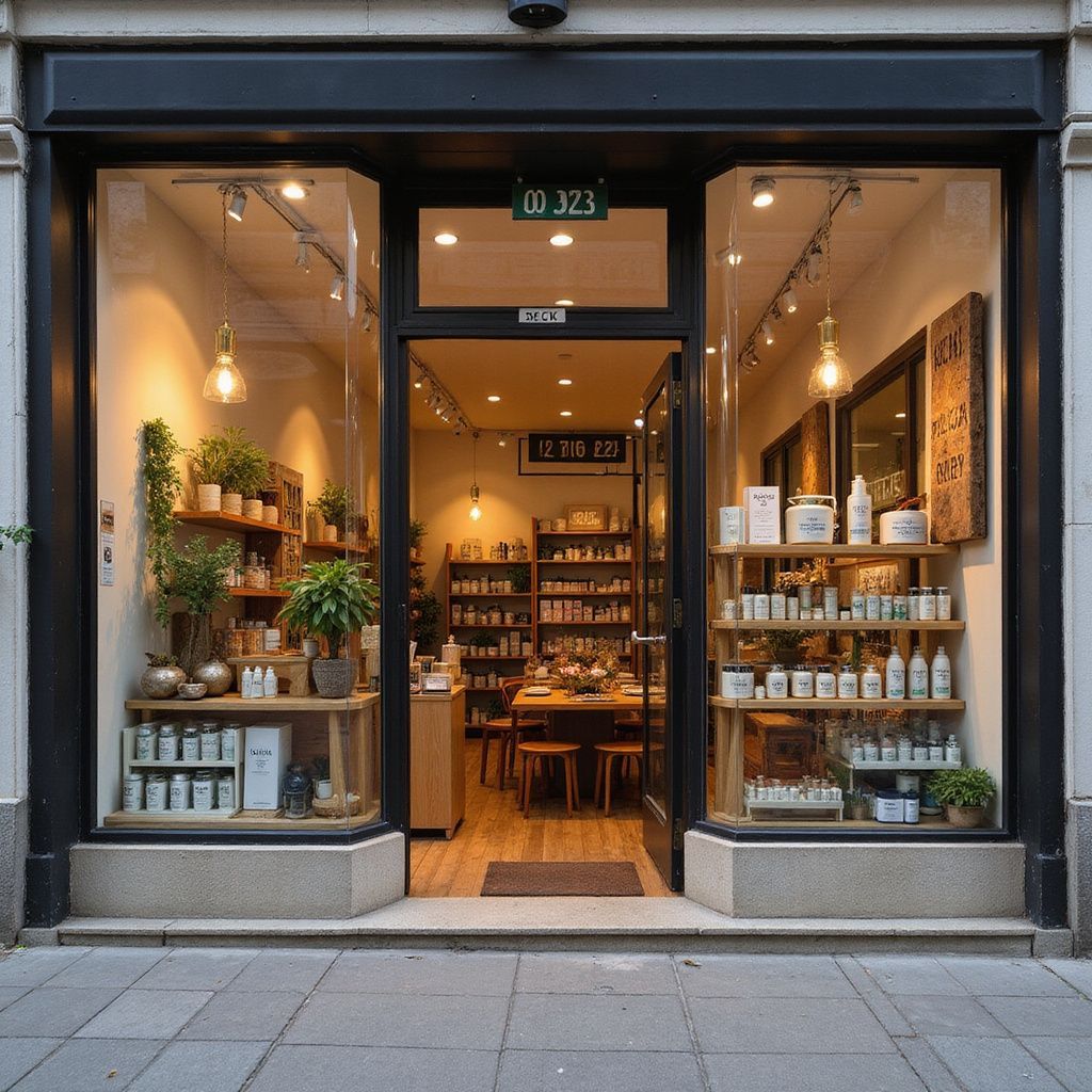 A shop with an open door, displaying natural beauty products. Shelves are full, plants adorn the windows.