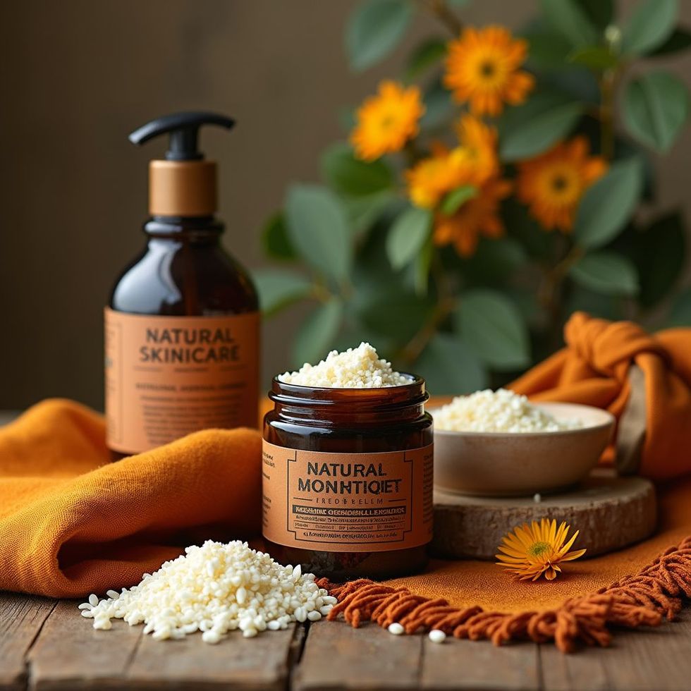 Brown skincare bottles and jar with granules, orange accents, and flowers on a wooden table.