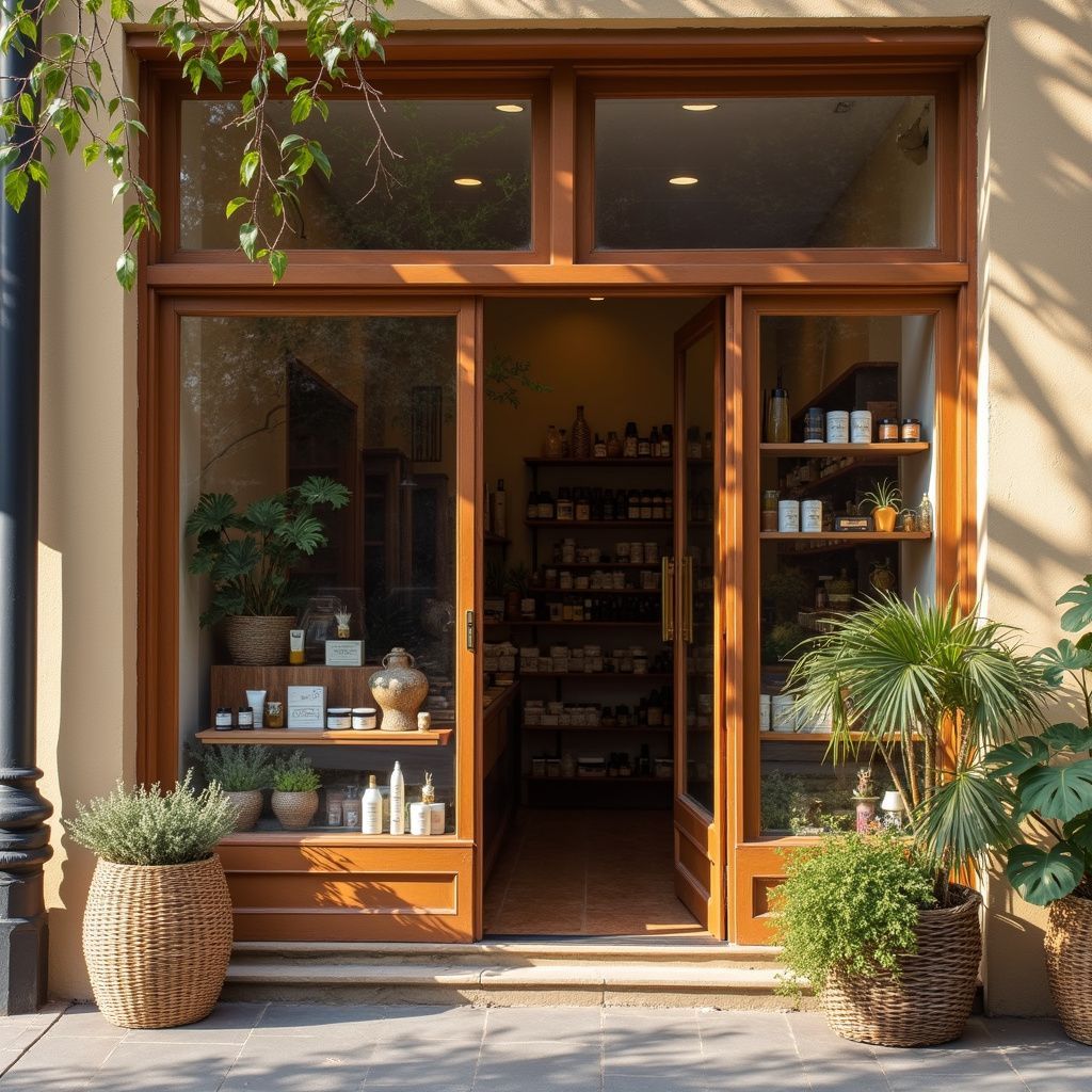 A shop entrance with wooden frame, glass windows, and open doorway with displayed products and potted plants.