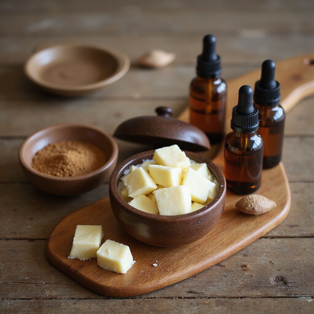 Wooden board with a bowl of shea butter, brown bottles, and brown powder in a small bowl.