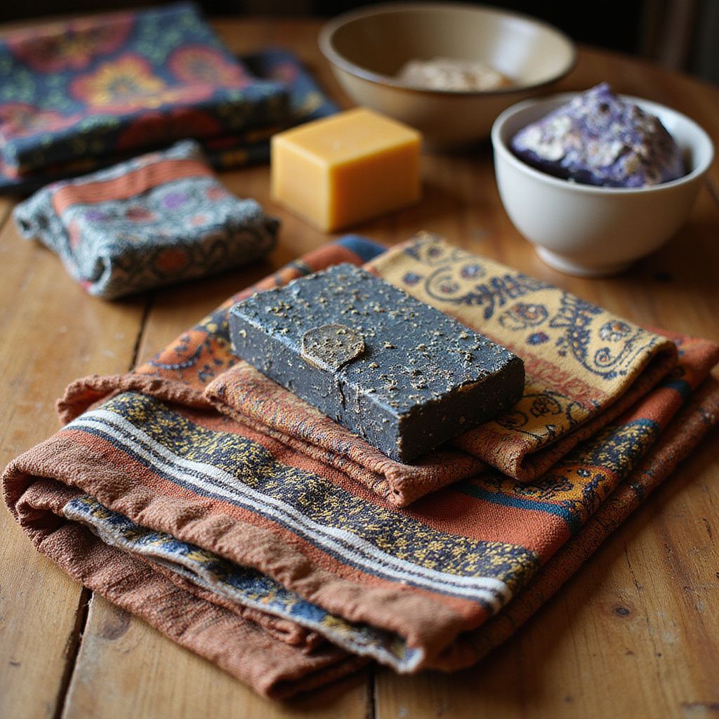 Wooden table with patterned cloths, soap, and bowls of ingredients.