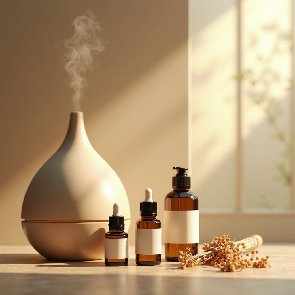 Essential oil diffuser with bottles and dried flowers. Beige and brown tones with sunlight.