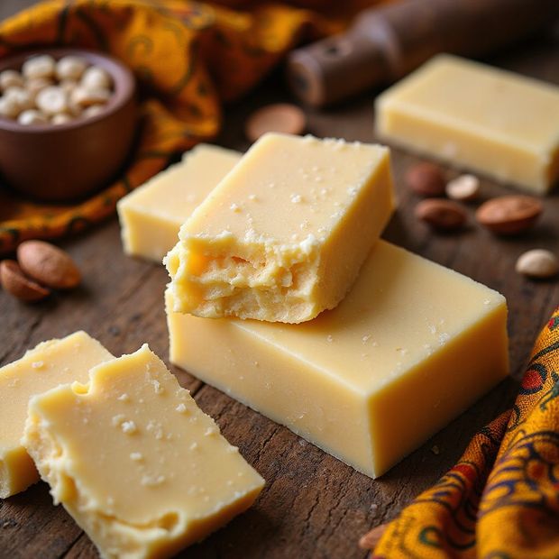 Blocks of cheddar cheese, nuts, and a wooden bowl on a wooden surface.