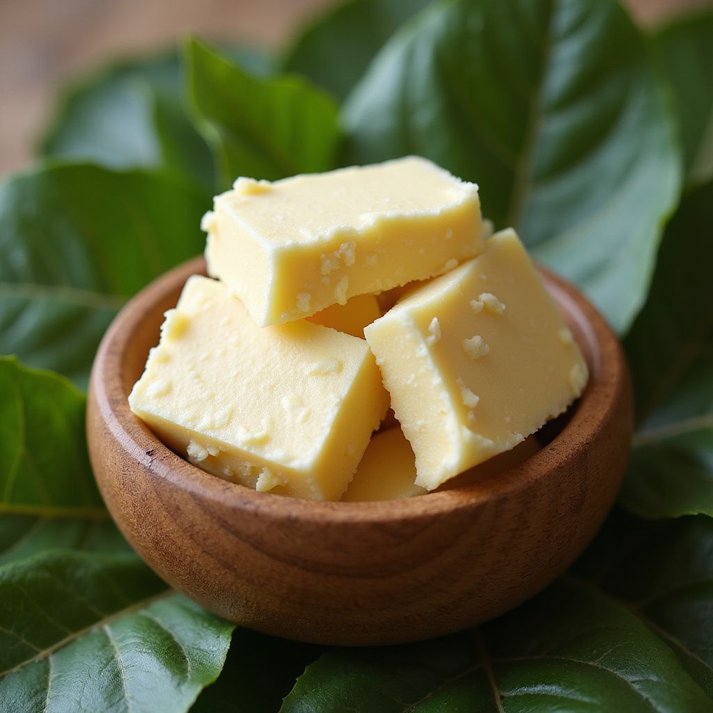 Fudge cubes in a small wooden bowl, on a bed of green leaves.