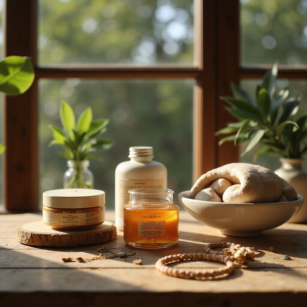 Bath products on a wooden table: jar of honey, lotion, and a bowl of stones. Plants and a window in the background.