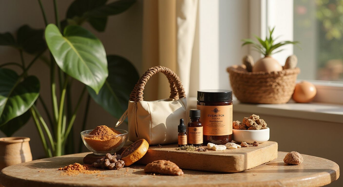 Products and ingredients, including turmeric, on a wooden surface with a plant and basket near a window.