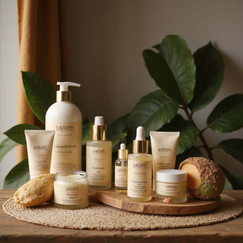 Skincare products arranged on a wood surface with a natural backdrop.