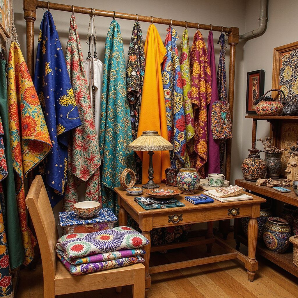 Fabrics hanging on a rack in a shop, with a table and shelves displaying decorative items.