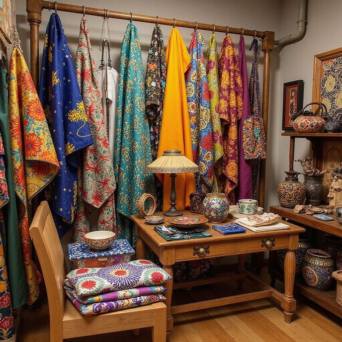 Fabrics hanging on a rack in a shop, with a table and shelves displaying decorative items.