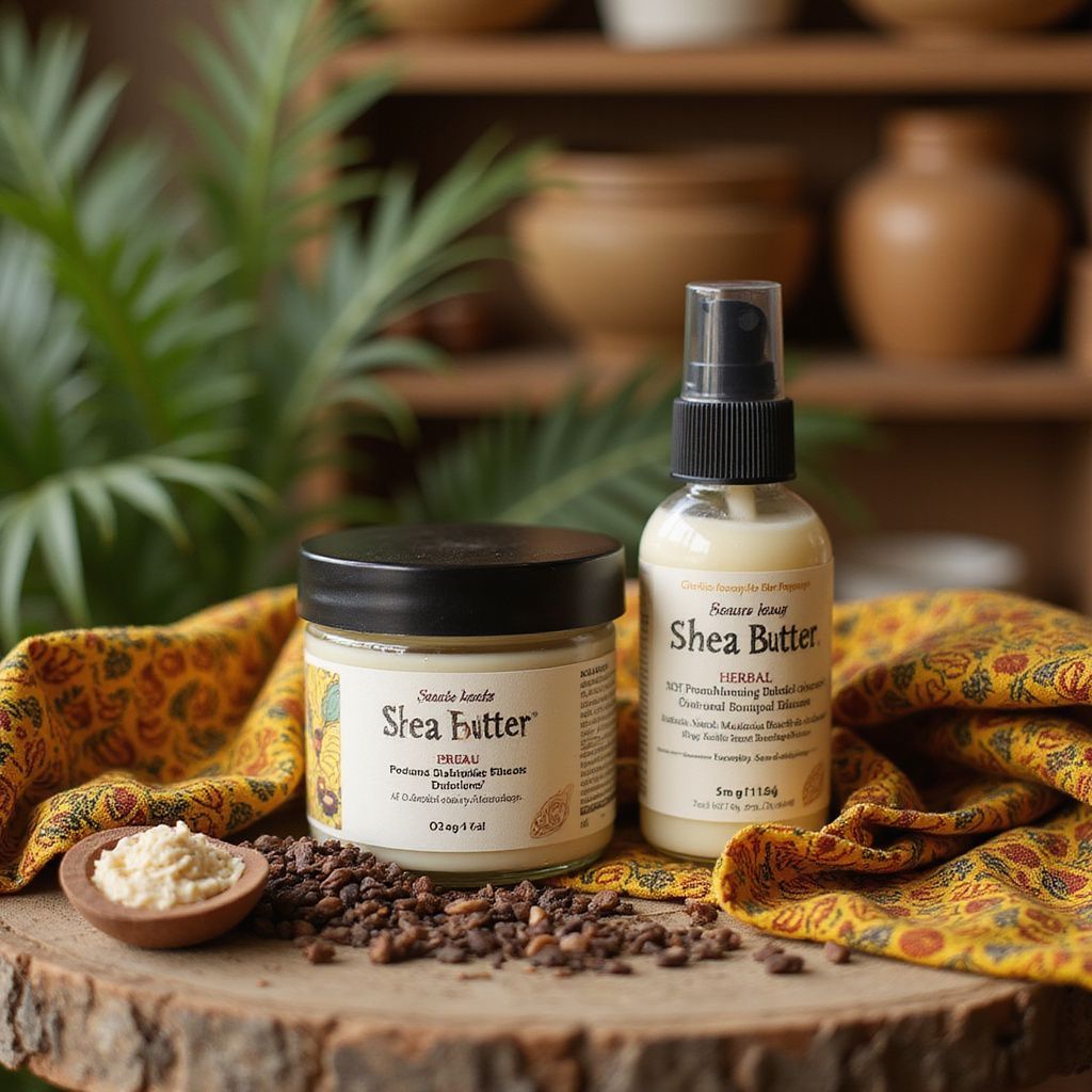 Shea butter jar and spray bottle on wood slice with seeds and a scoop of butter.