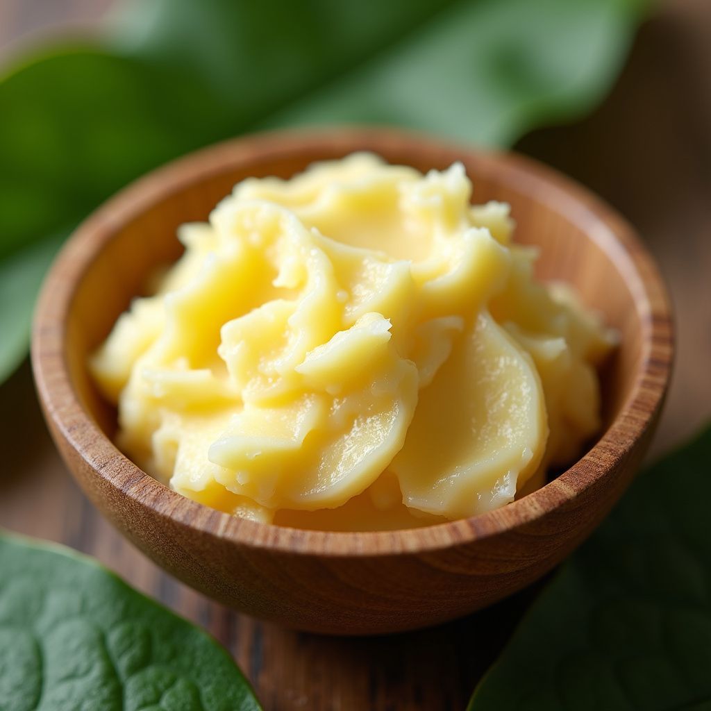 Yellow mashed food in a small wooden bowl surrounded by green leaves.