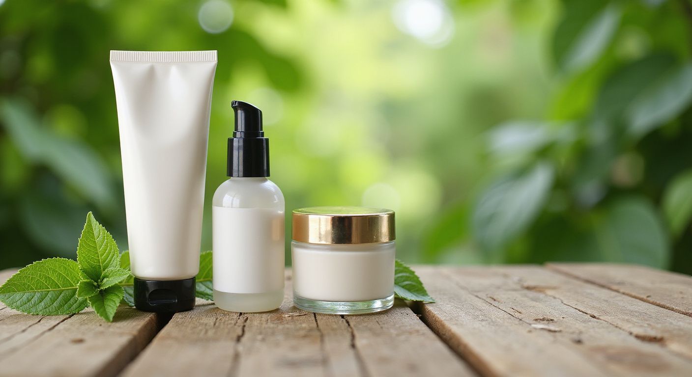 Skincare products on a wooden table with green foliage background. Cream tube, serum, and jar.