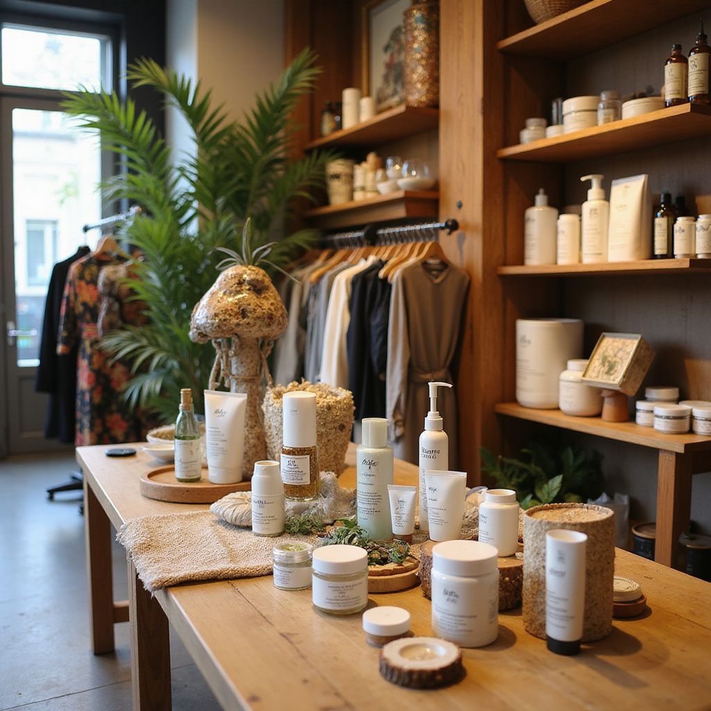 A display of skincare products on a wooden table in a store, with clothing racks and shelves in the background.