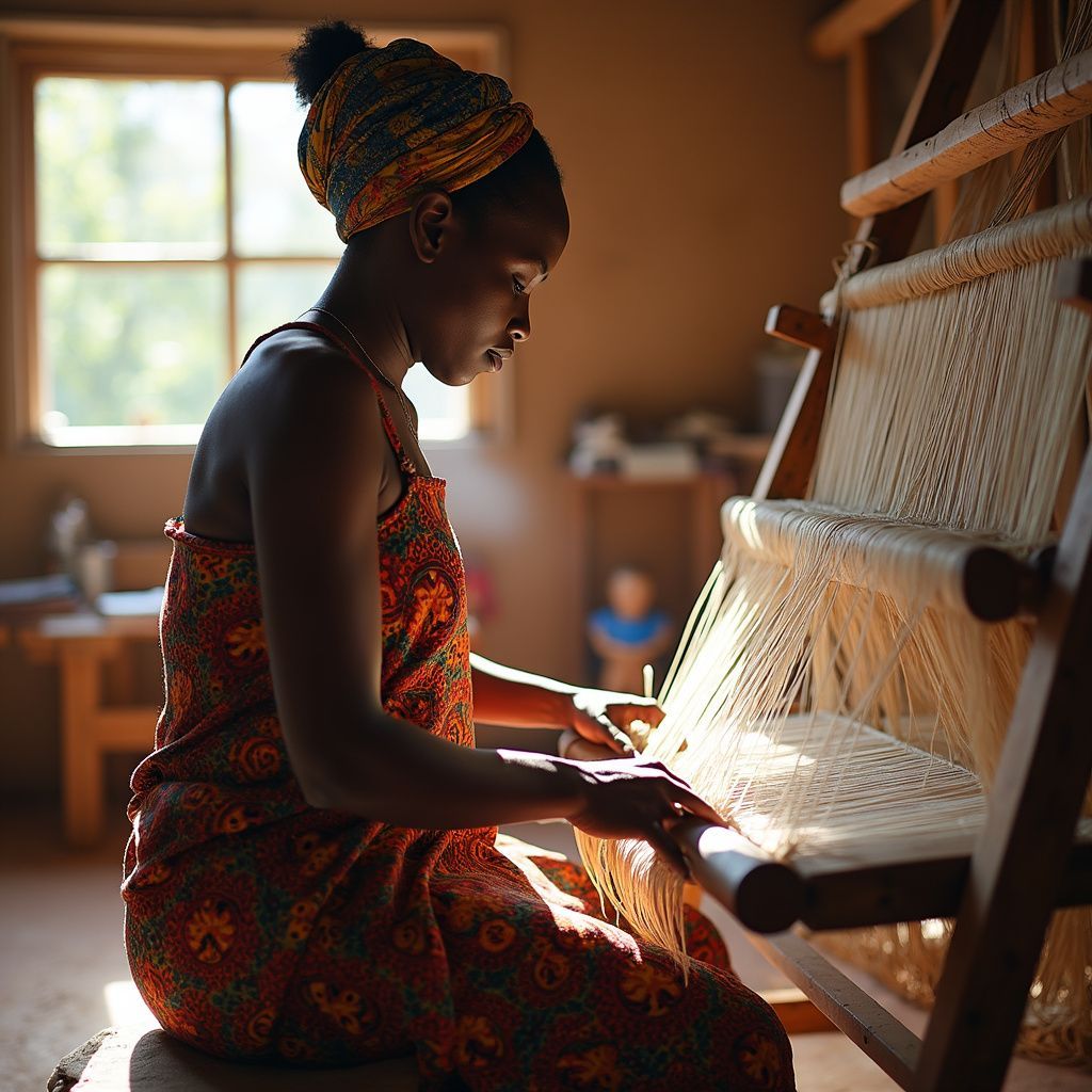 Woman weaving on a loom indoors, wearing a patterned dress and headwrap. Natural light streams in.
