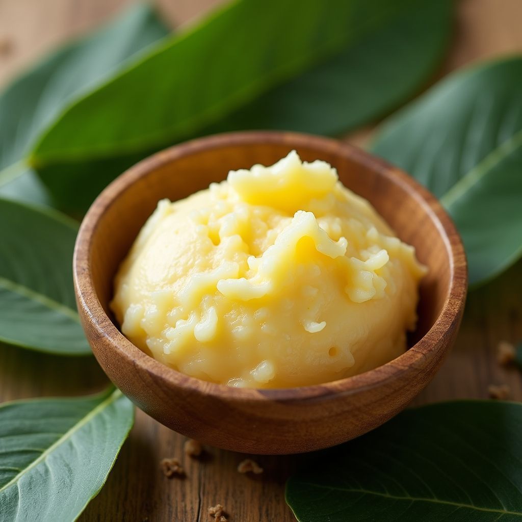 Yellow shea butter in a wooden bowl, surrounded by green leaves, on a wooden surface.