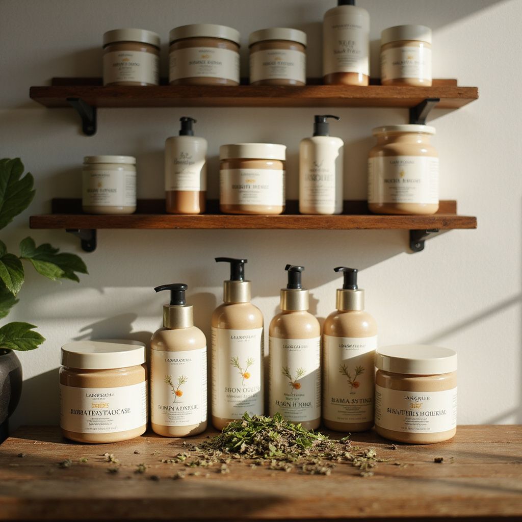 Shelves with skincare products in tan jars and bottles on a wooden table with greenery.