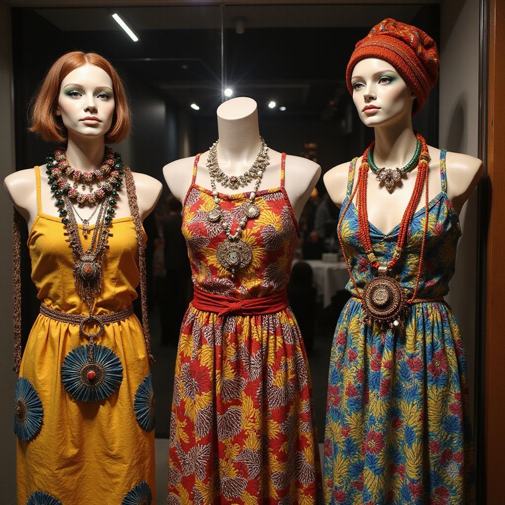 Three mannequins in a shop window wearing colorful patterned dresses and jewelry; background blurred.