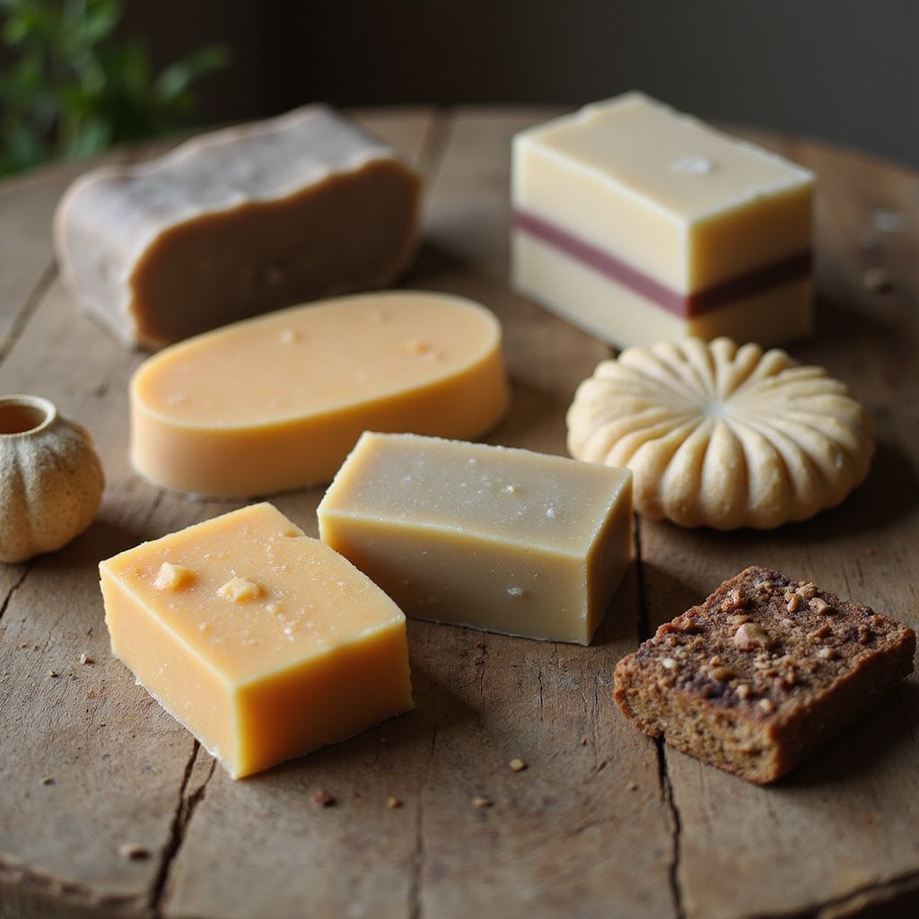 Variety of handmade soaps in different shapes and colors on a rustic wooden surface.