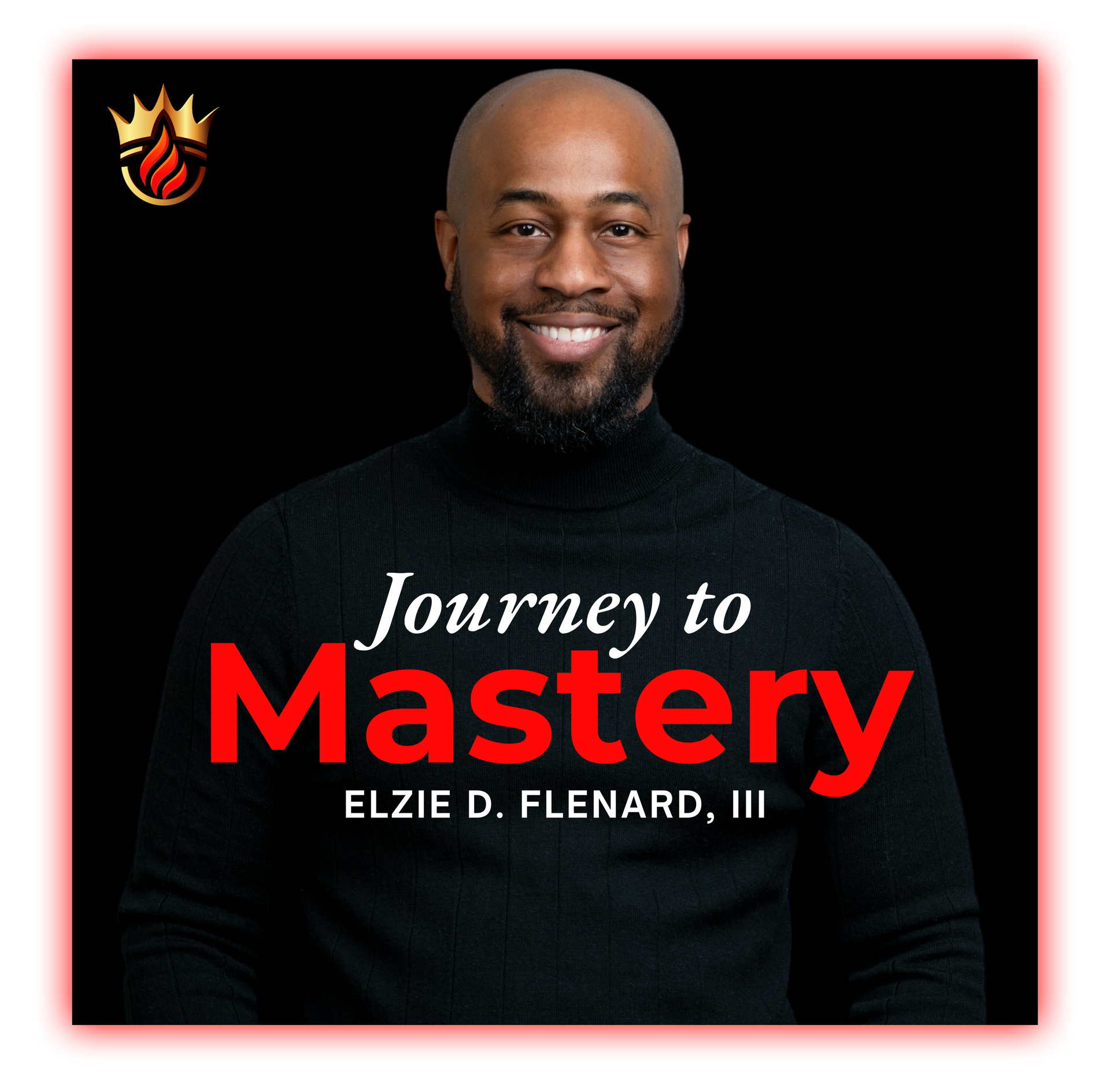 A man wearing a black sweater with the words journey to mastery on it