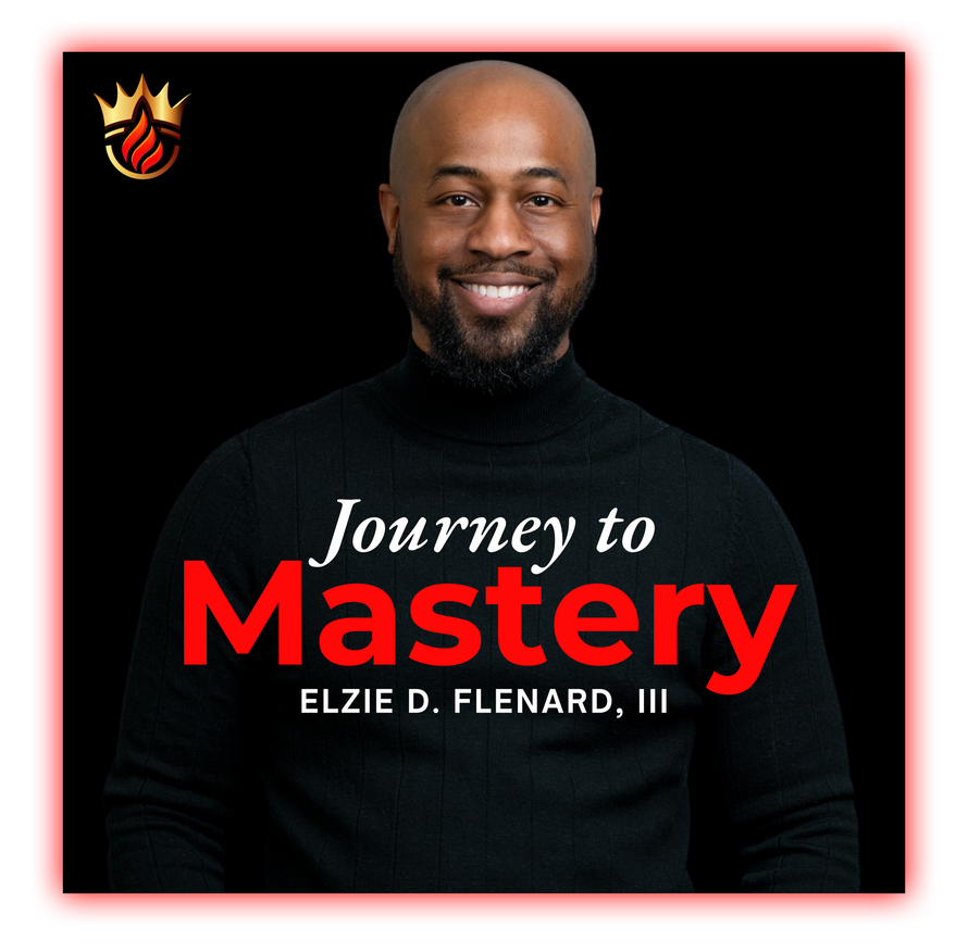 A man wearing a black sweater with the words journey to mastery on it