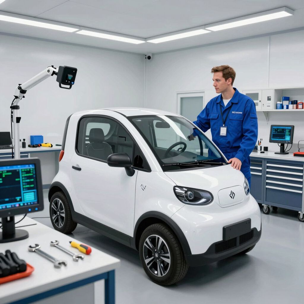 Man in blue coveralls examines a white electric car in a service bay. Inspection equipment visible.