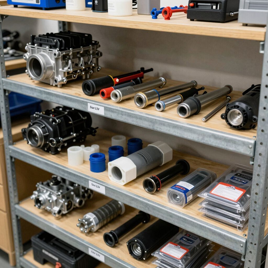Shelving unit filled with various mechanical parts in a workshop, including tubes, cylinders, and housings.