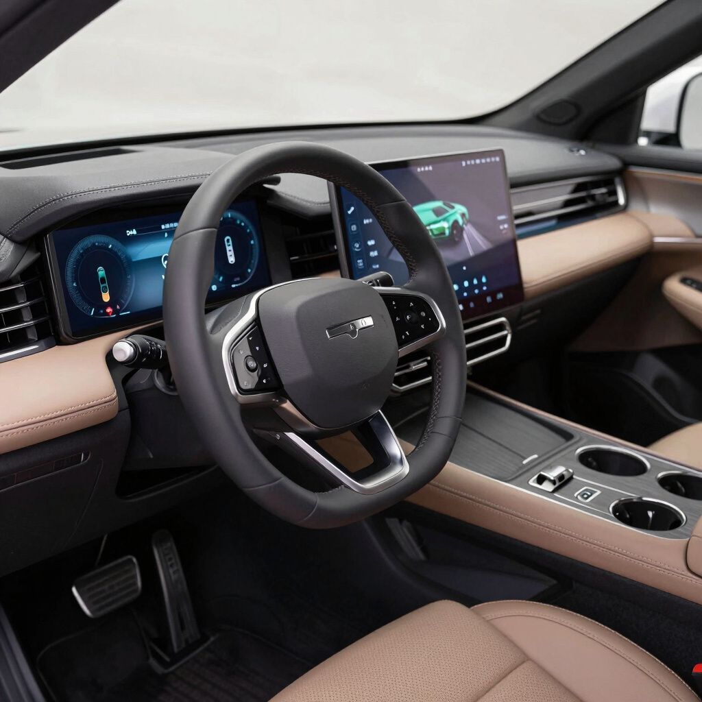 Interior of a car dashboard featuring a steering wheel, displays, and cup holders. Beige and black colors.