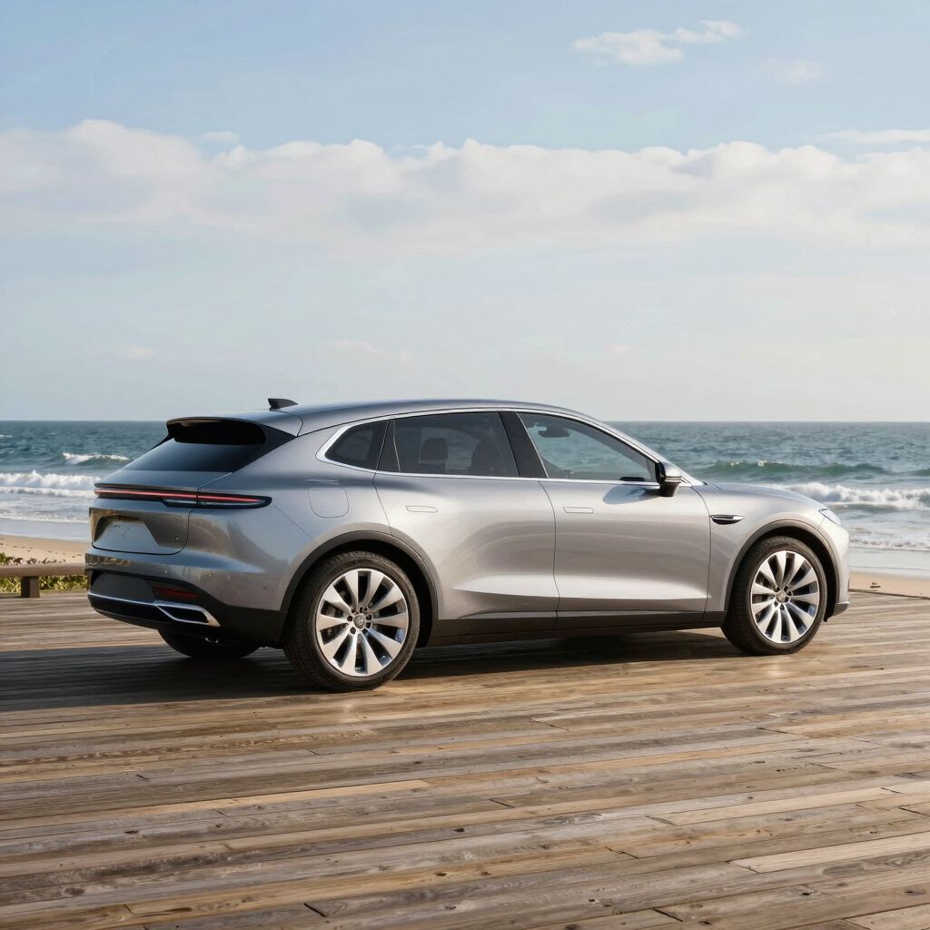 Silver SUV parked on a wooden deck overlooking the ocean.
