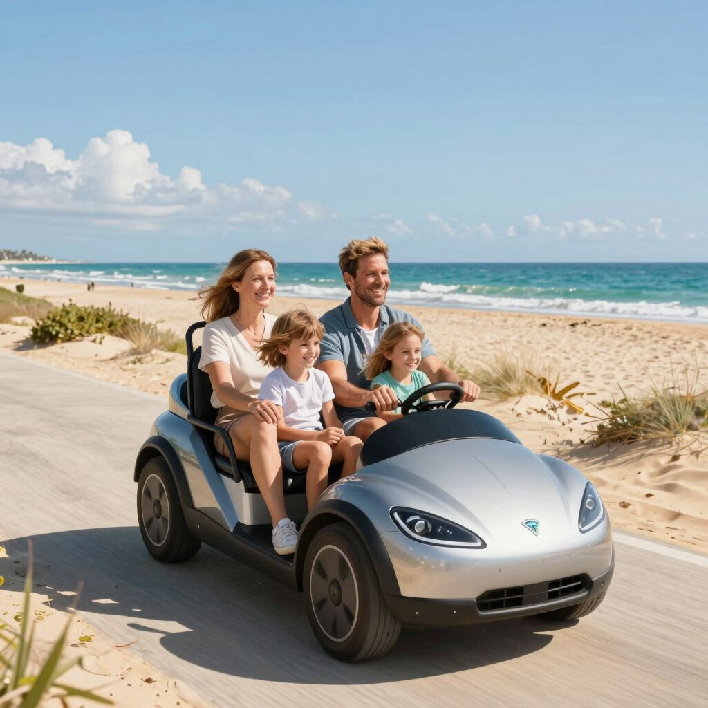 Family of four driving a small silver electric car on a beachside path; blue ocean in background.