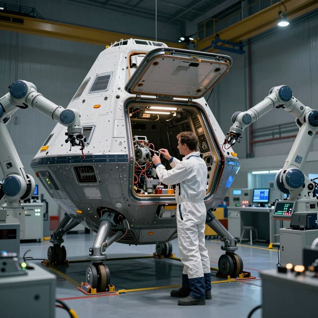 Technician in white coveralls working on spacecraft interior with robotic arms in a hangar.