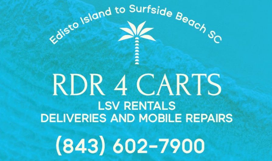 Business card for RDR 4 CARTS, offering LSV rentals, deliveries, and mobile repairs in Surfside Beach, SC. Teal background
