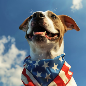 A happy dog wearing an American flag bandana looks up against a bright blue sky with soft white clouds.