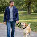 A person in a blue jacket walks a yellow Labrador retriever on a leash along a paved path in a grassy park.