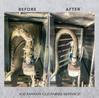 A before and after photo of an ice maker cleaning service