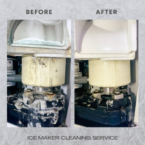 A before and after picture of an ice maker cleaning service