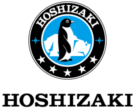 A logo for hoshizaki with a penguin in the center