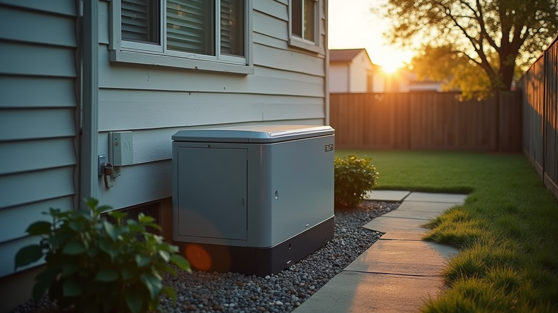 Gray generator beside a house in a fenced yard at sunset