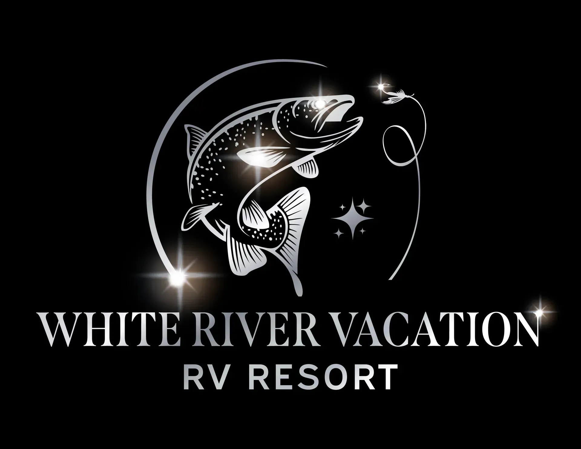 Silver logo for White River Vacation RV Resort; leaping fish inside a circle, text below.