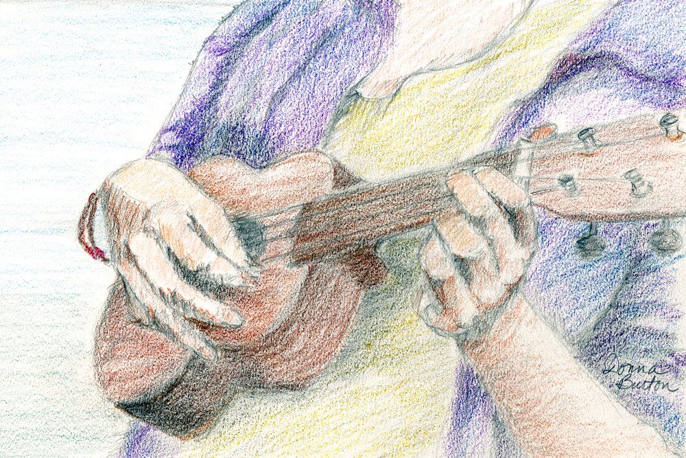 a colored pencil drawing of a person playing a ukulele by donna burton