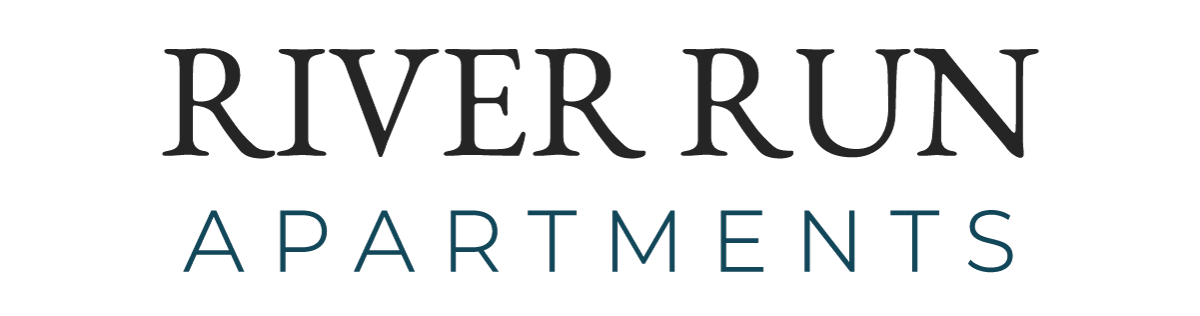 River Run Apartments logo in dark text over light teal text on a white background.