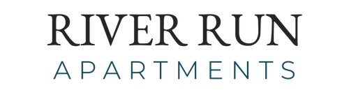 River Run Apartments logo in dark text over light teal text on a white background.