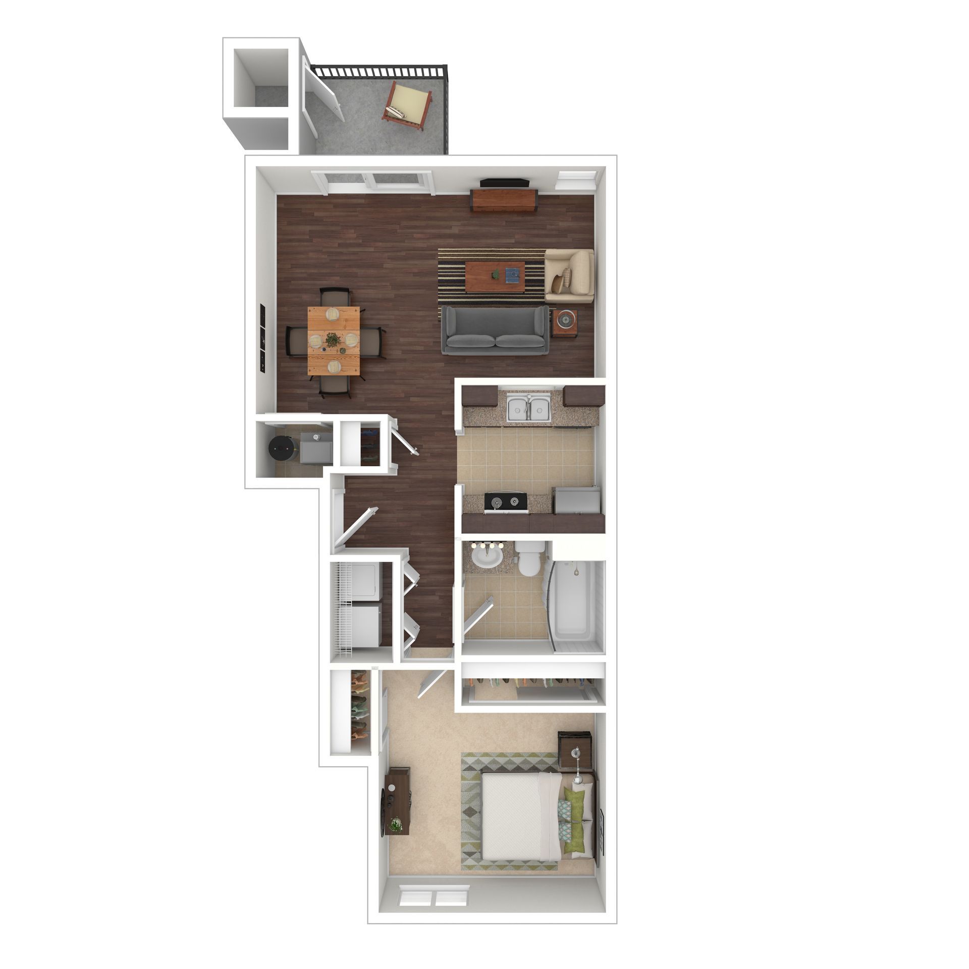 Floor plan of an apartment, with a bedroom, bathroom, kitchen, living room, dining area, and balcony.