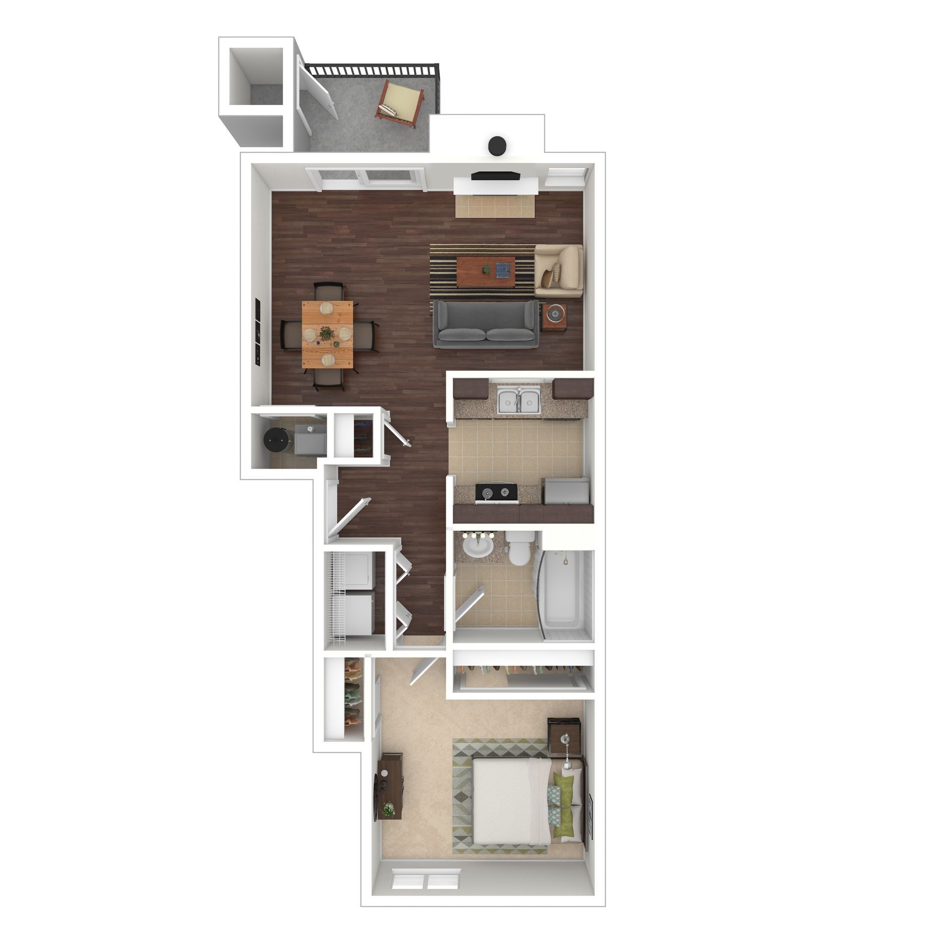 Floor plan of an apartment with a bedroom, bathroom, kitchen, and living room, with balcony.