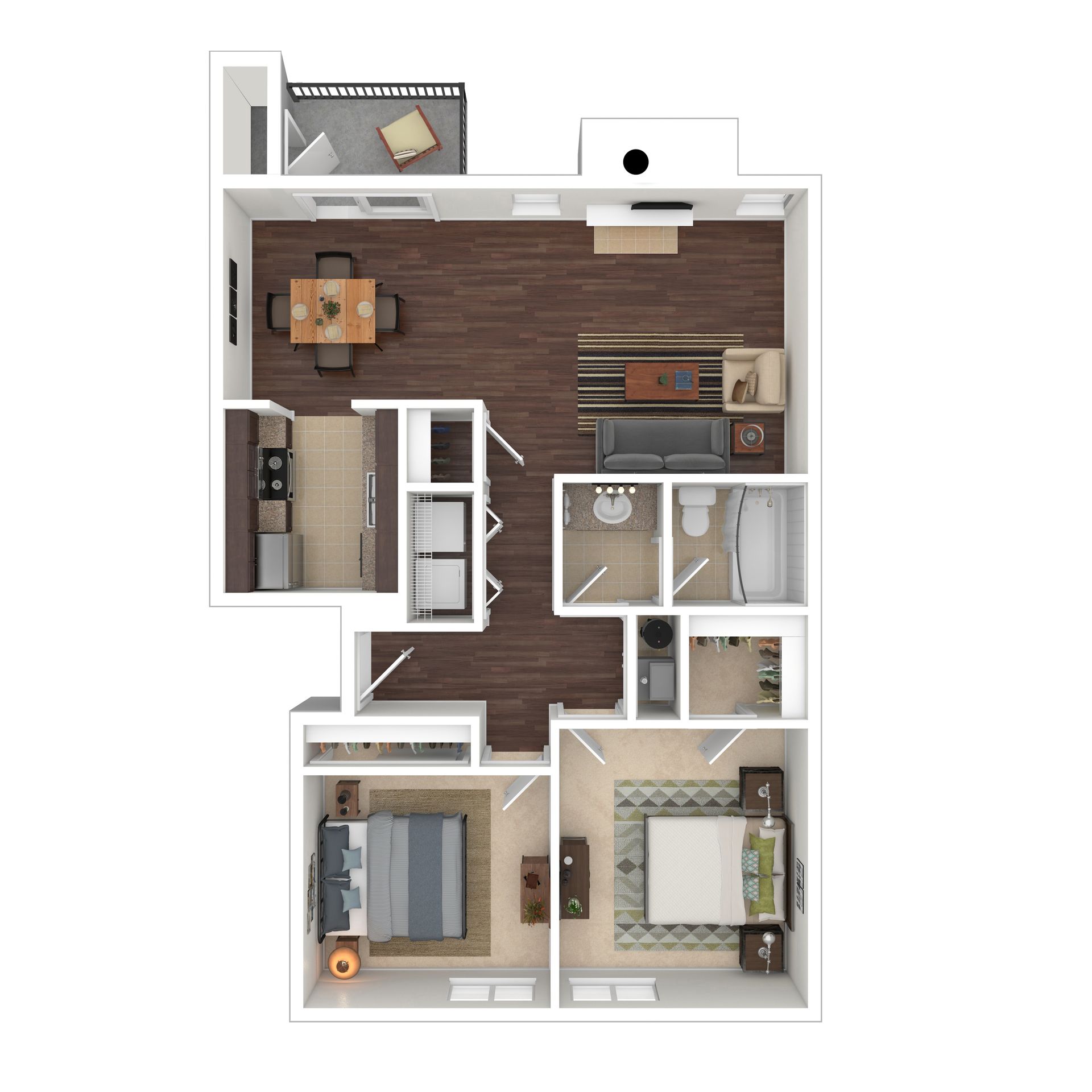 Floor plan of a two-bedroom apartment with living, dining, kitchen, and balcony. Brown floors, furnished rooms.