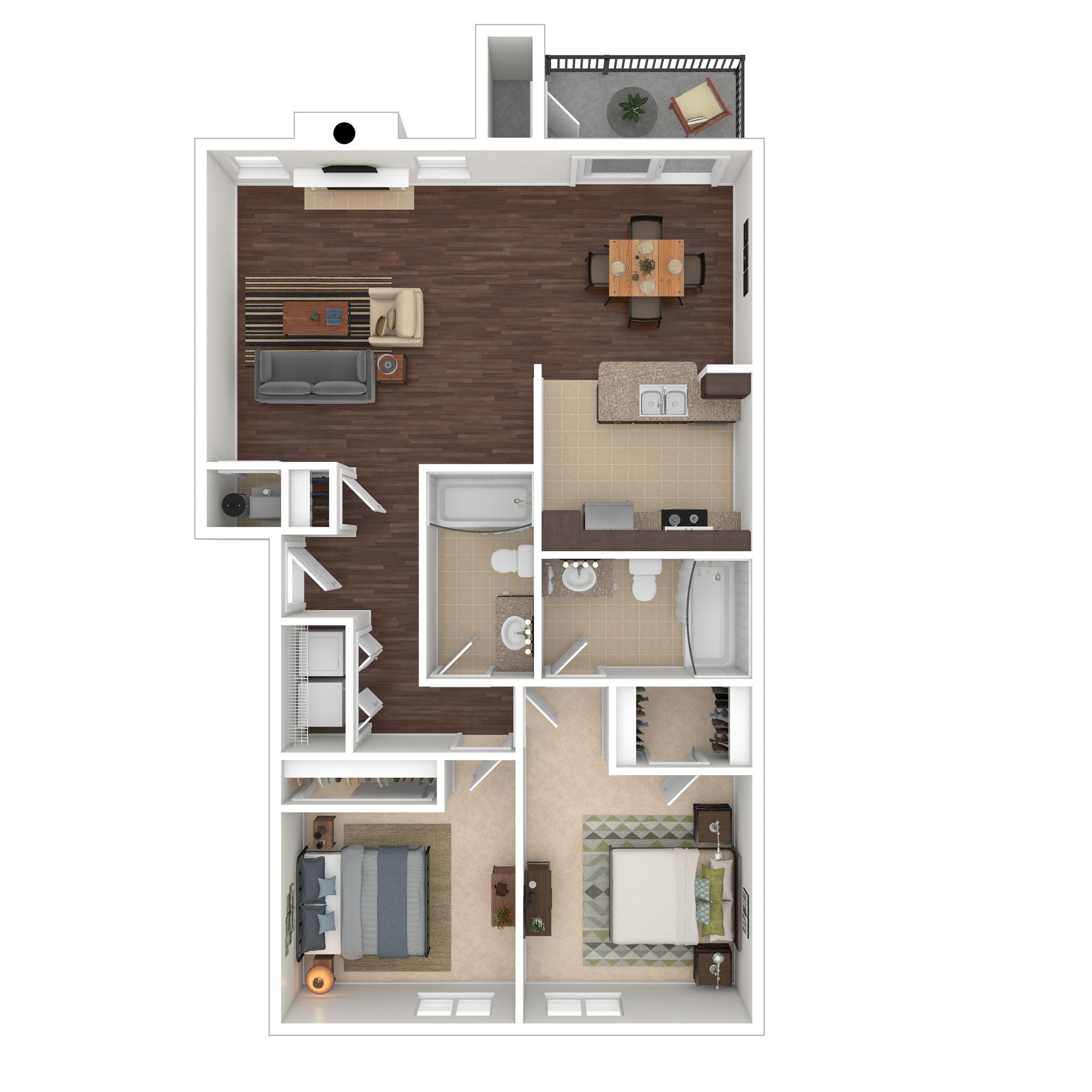 Floor plan of a two-bedroom apartment with a living room, dining area, kitchen, two bathrooms, and a balcony.