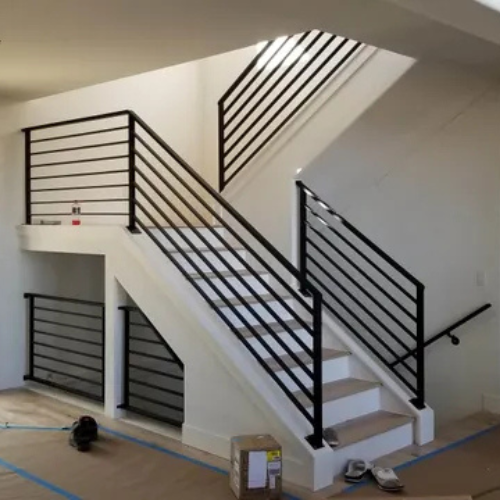 Black Horizontal metal step railing by 83MetalCraft LLC