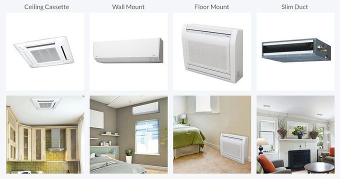 A collage of pictures of different types of air conditioners in different rooms.