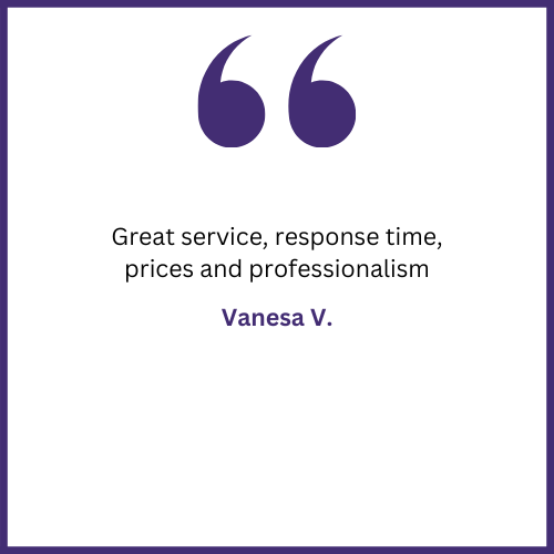 A quote from vanesa v. says `` great service , response time , prices and professionalism ''.